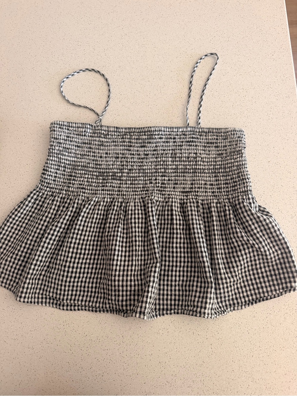 American Eagle -Black White Gingham Smocked Tie-Strap Top